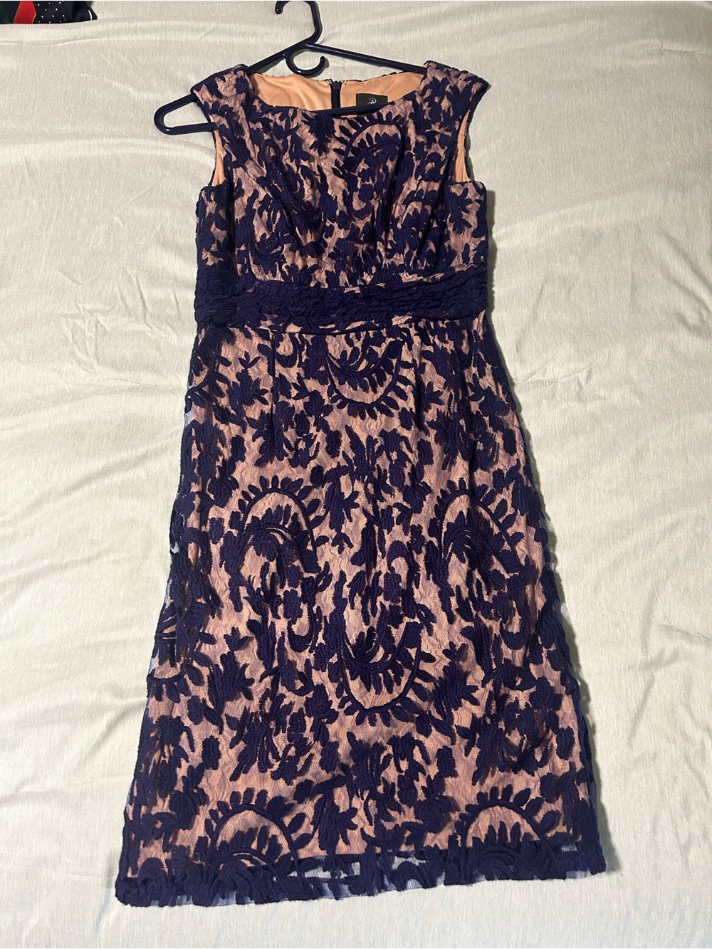 Adrianna Papell Navy Lace Overlay Dress with Blush Lining